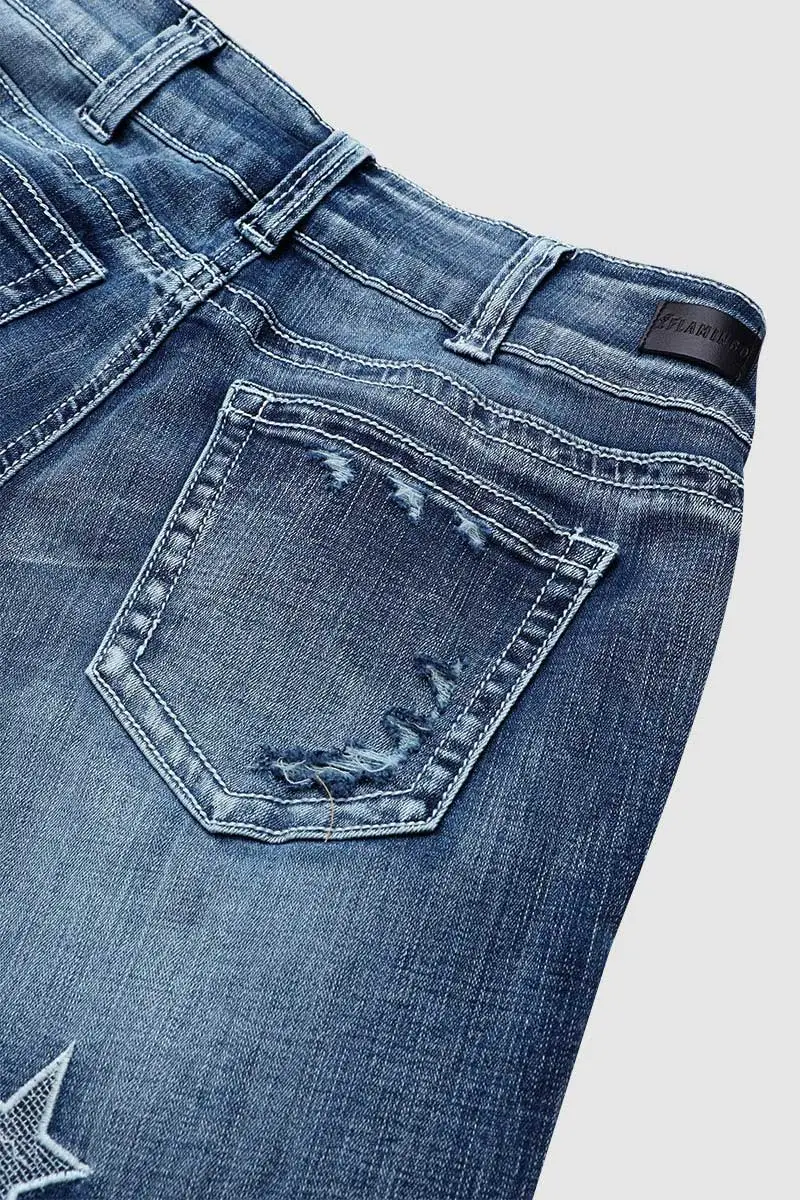 Star & Moon Pattern Double Button Mid Rise Flare Jeans