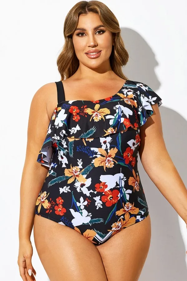 Black Floral Print Asymmetric One Piece Swimsuit