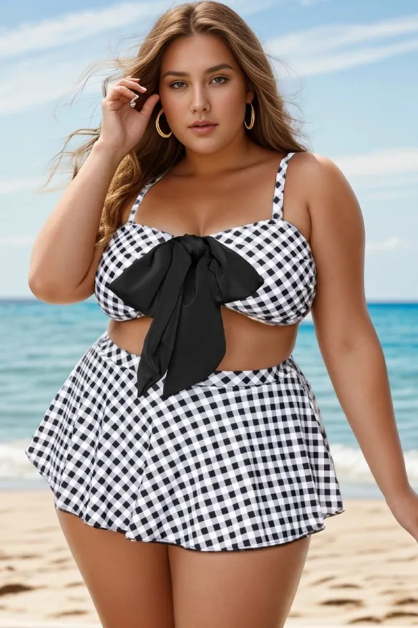 Black & White Check Knotted Crop Bikini Top