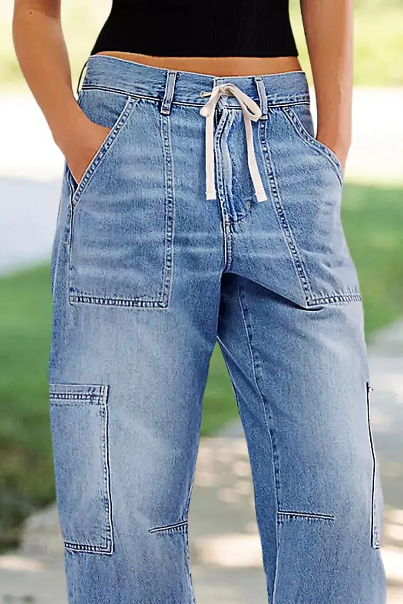 Wash Multi Pocket Stitch Drawstring Mid Waist Barrel Leg Jeans