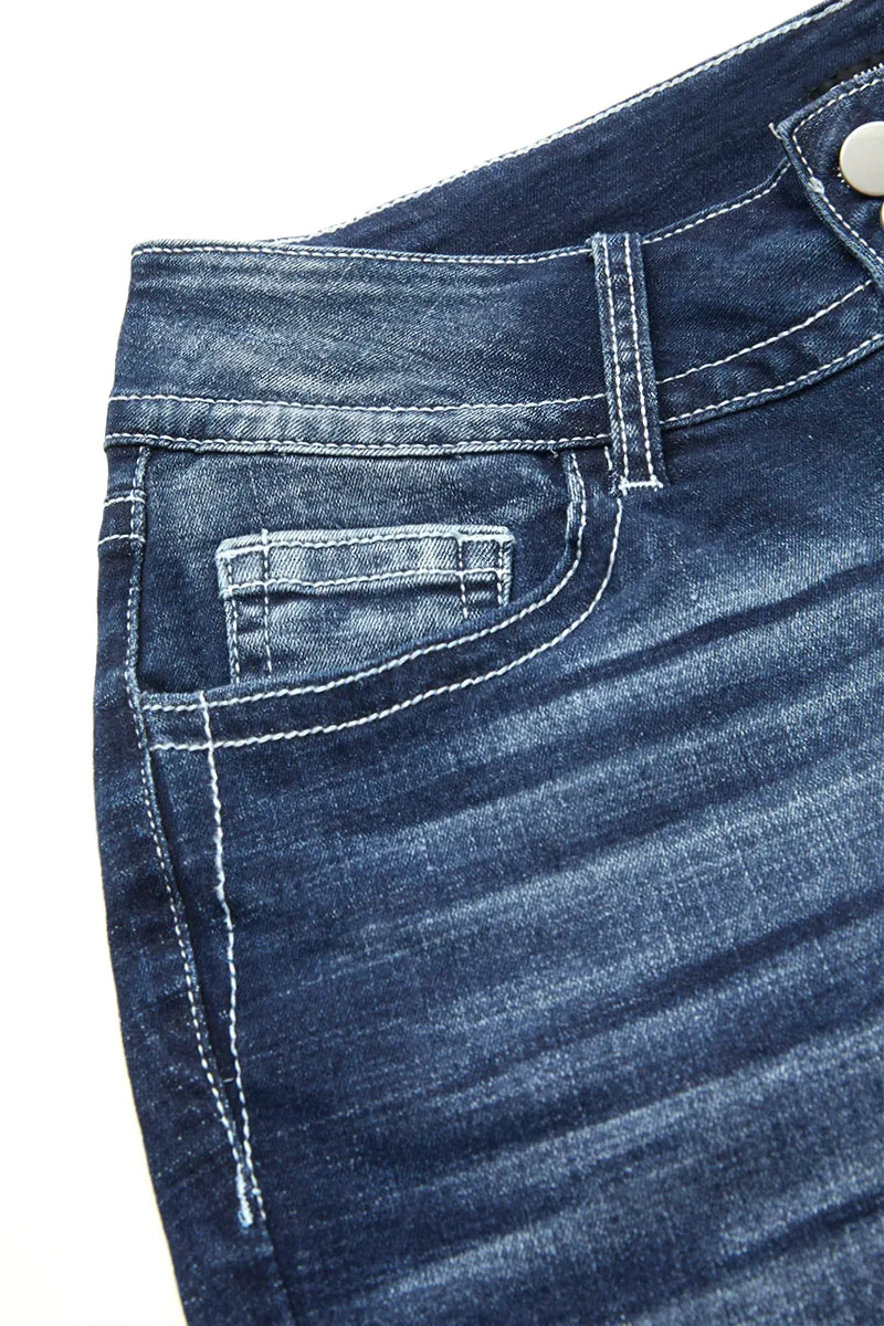 Washed Embroidery Pocket Button Up Mid Rise Skinny Jeans