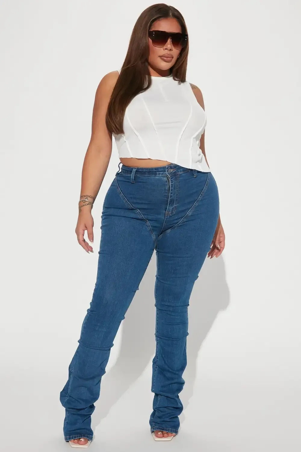 See Me High Rise Stacked Straight Leg Jeans - Medium Blue Wash