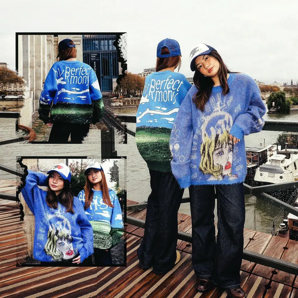 Navy Sweater Renaissance Street Wear Fashion Printing Seasonal Trend Special Design