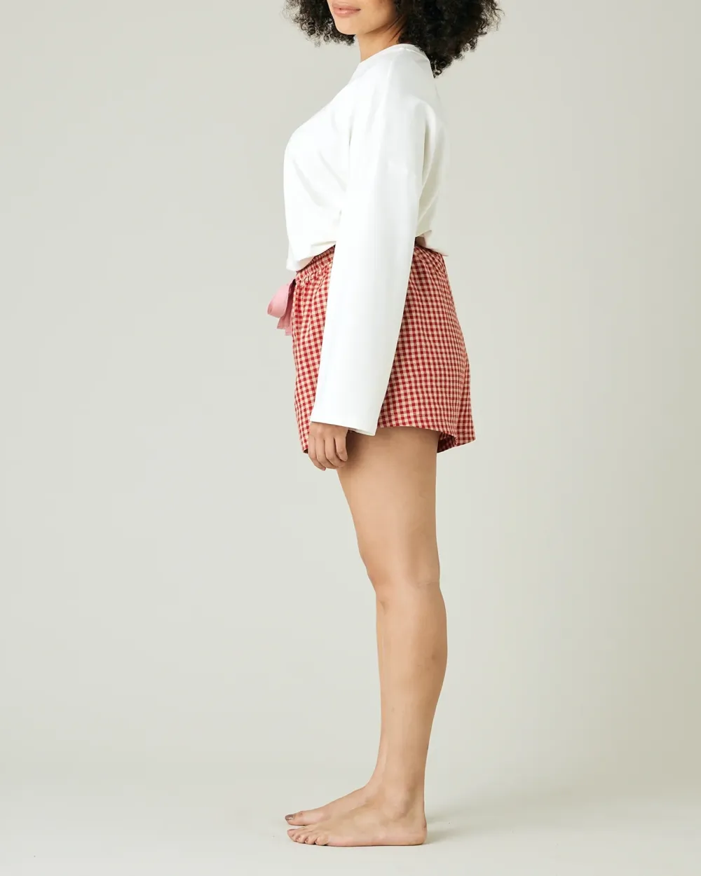 BED SHORTS RED MICRO GINGHAM LINEN