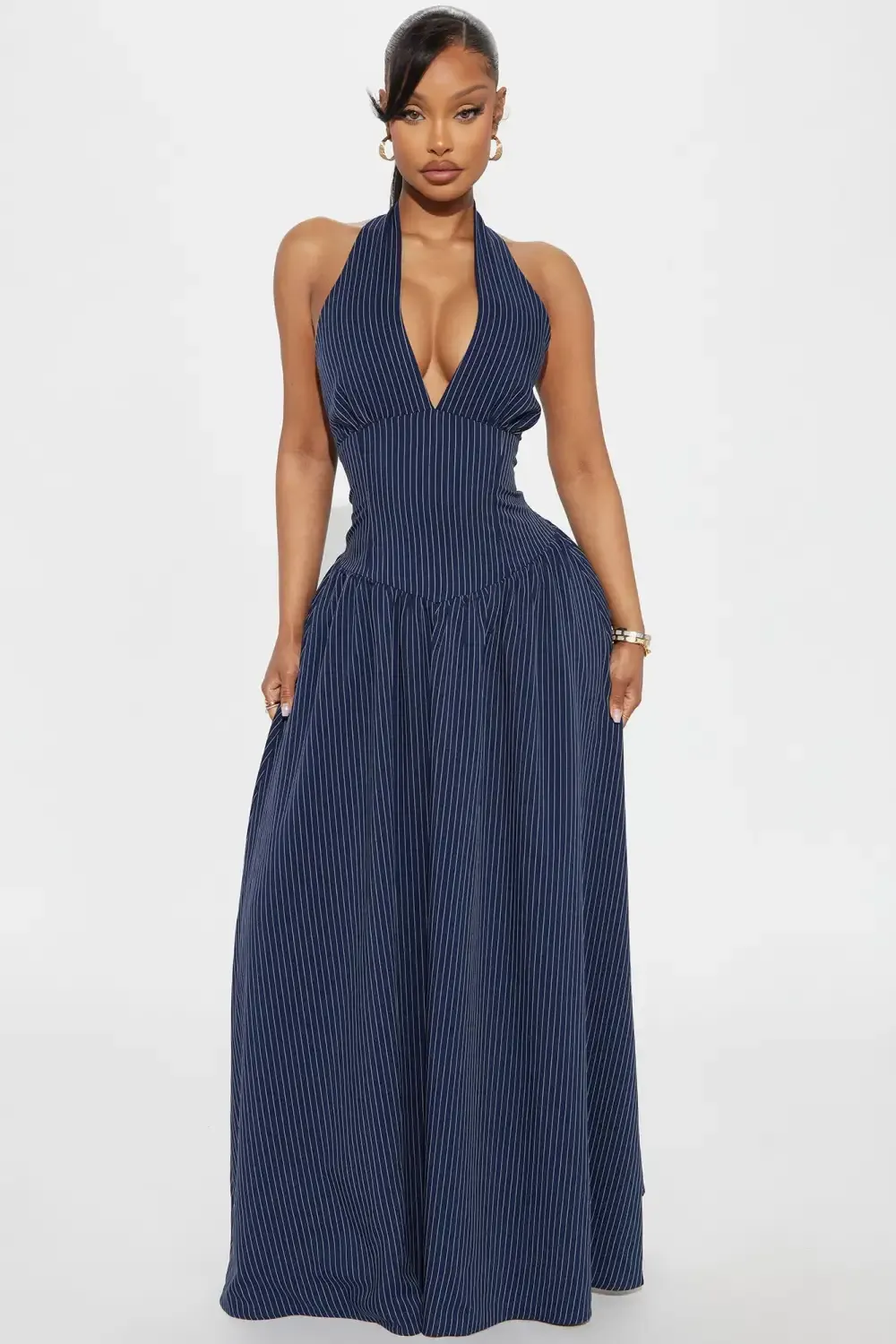 Jayla Pinstripe Halter Maxi Dress - Navy/combo