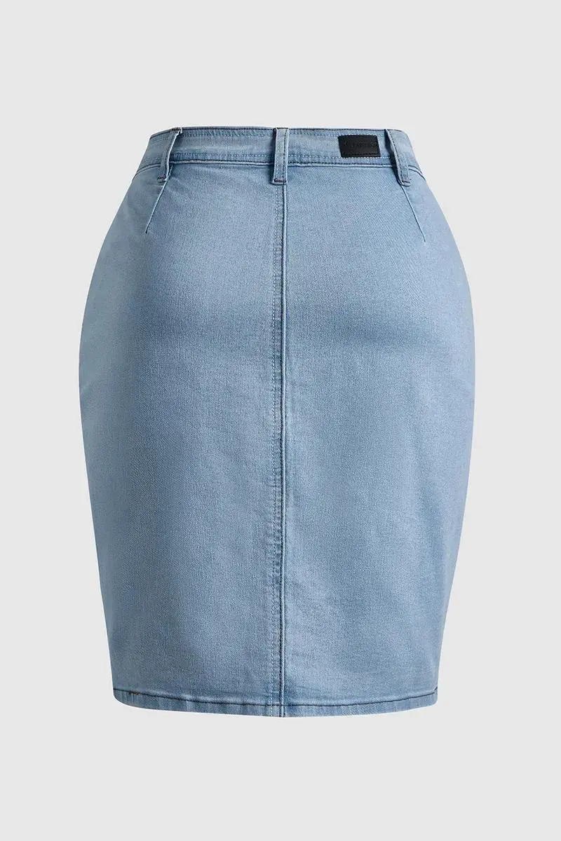 Wash Button Down Stitch Detail Denim Skirt