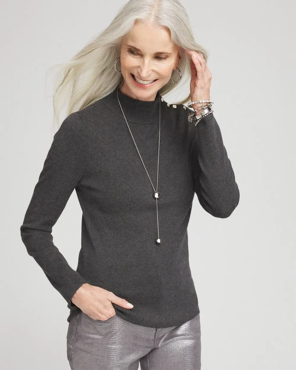EcoveroTM Button Mock Neck Sweater