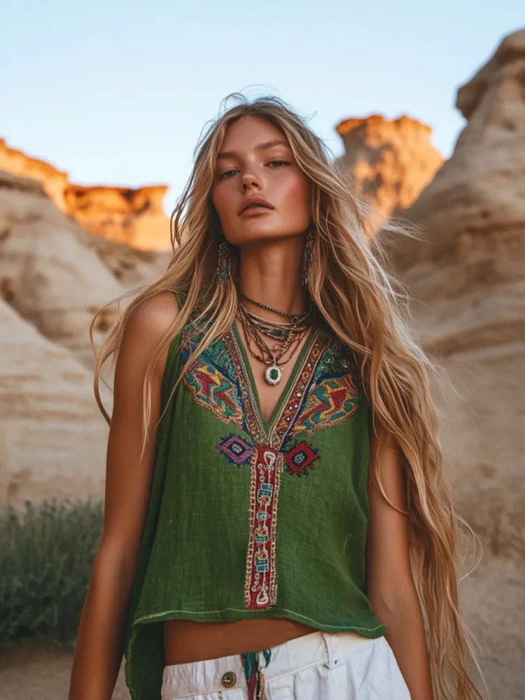 Women's Bohemia Floral Ethnic Style Linen V-neek Sleeveless Top
