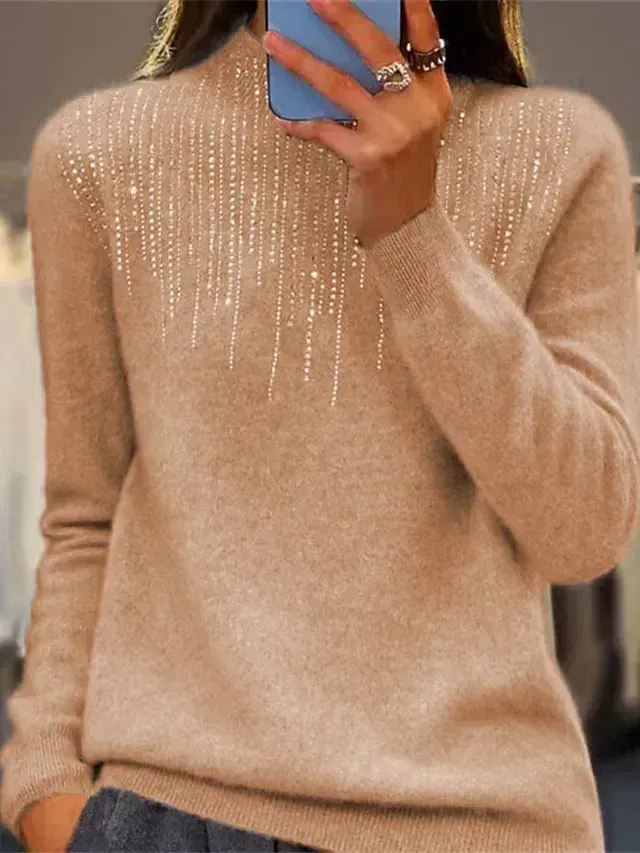 Women‘s Christmas Pullover Sweater Jumper Crew Neck Ribbed Knit Acrylic Sequins Fall Winter Regular Outdoor Daily Going out Xmas Stylish Casual Long Sleeve Solid Color Black White Light Green S M L