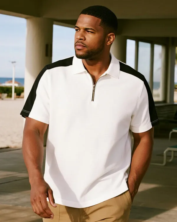 Big & Tall Men's Business Contrast Shoulder Short Sleeve Zipper Polo Shirt