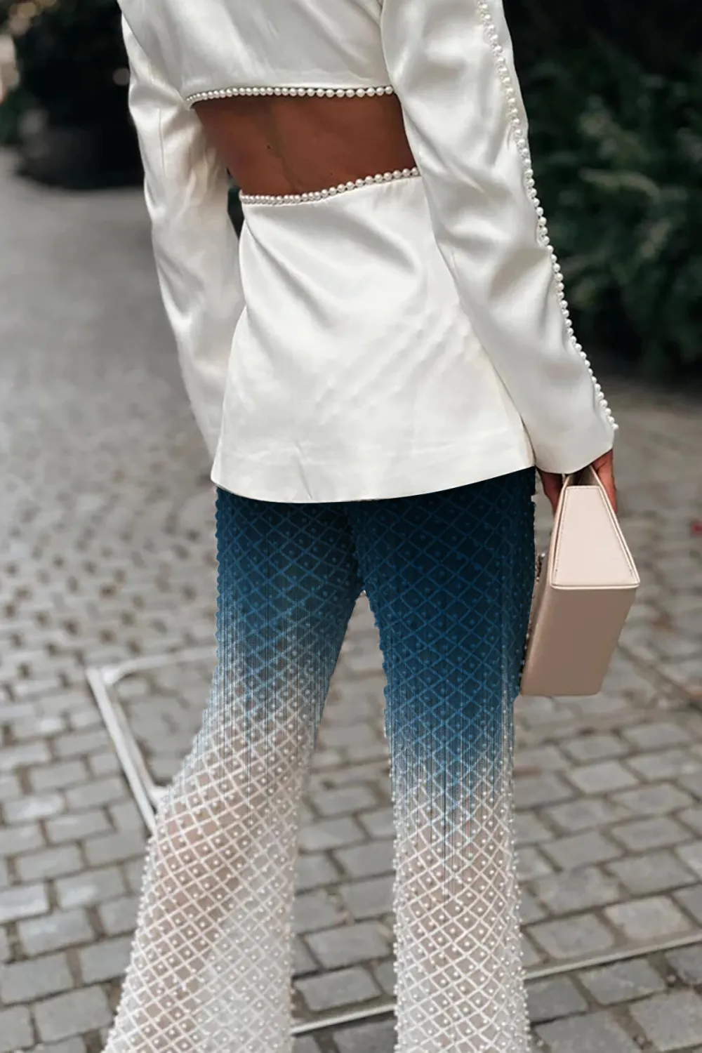 Sexy Faux Pearl High Waist Flared Leg Sheer Mesh Sequin Party Pants