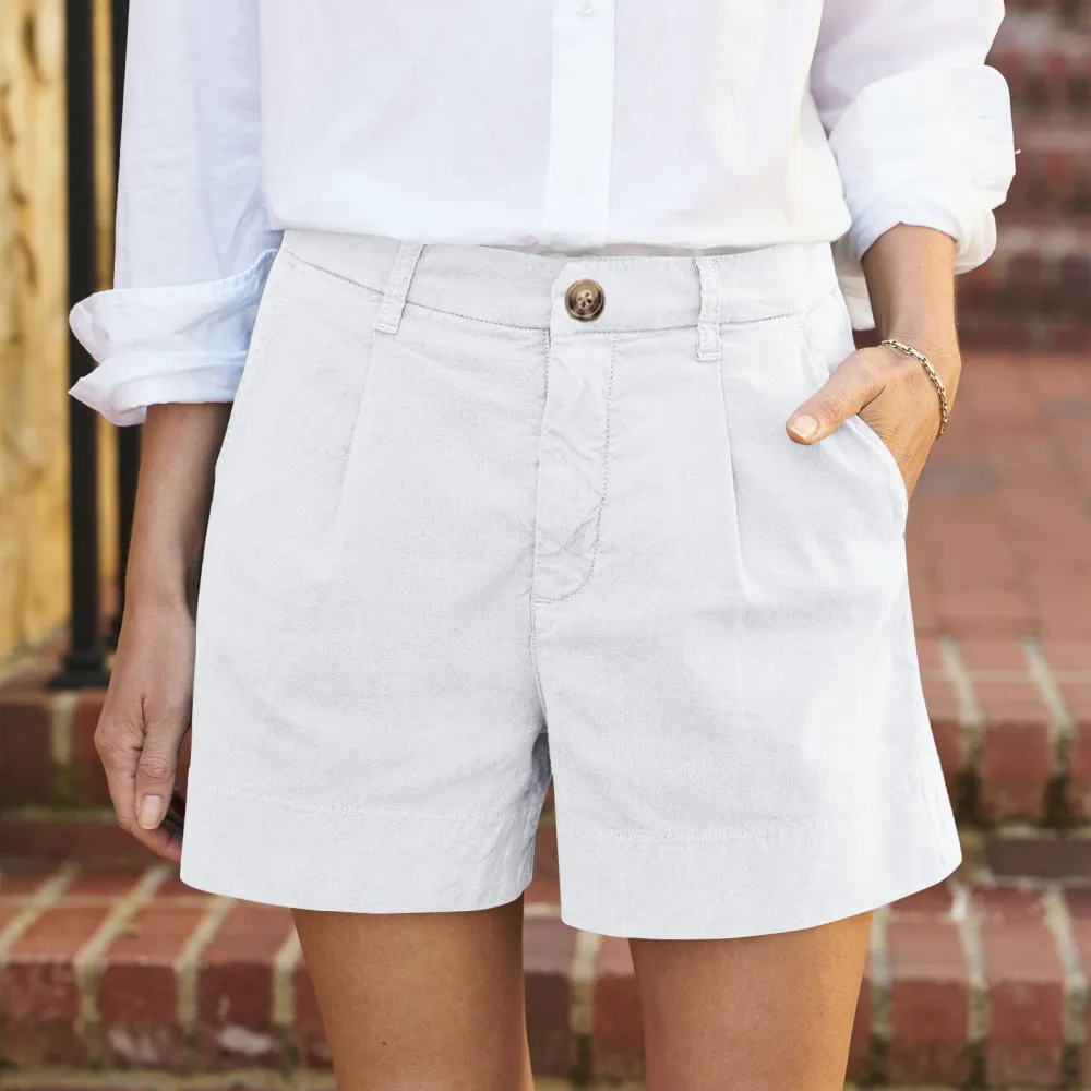 Casual Solid Color Cotton And Linen Button Down Shorts
