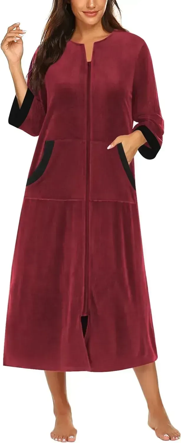Women Zipper Robe 3/4 Sleeves Loungewear Dress Full Length Sleepwear Pockets Housecoat Nightgown Long Bathrobe