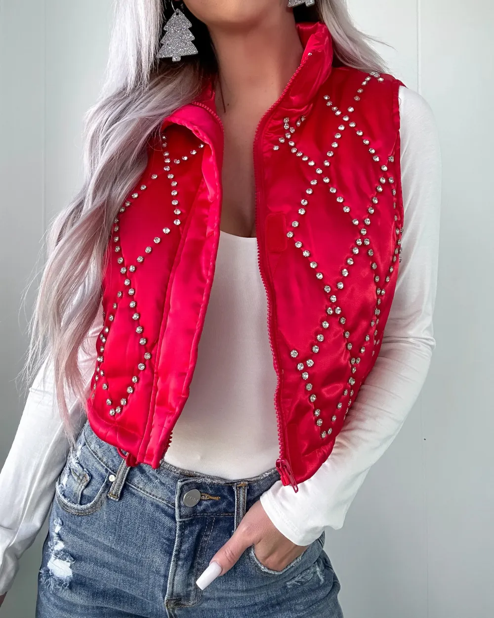 Rhinestone Bomber Vest - Red