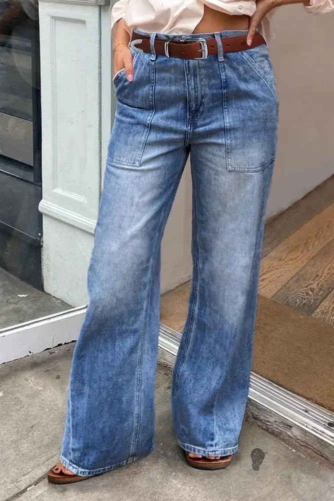 Wash Mid Rise Straight Leg Jeans Without Belt