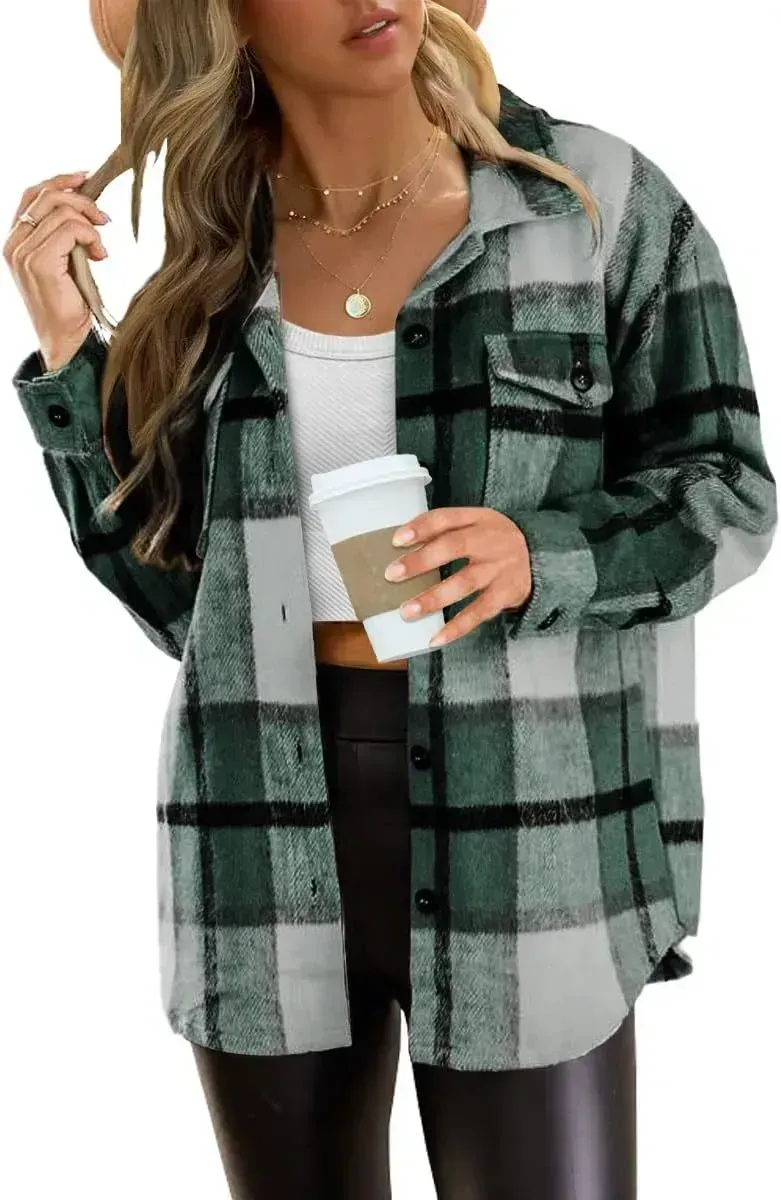 Womens Casual Plaid Shacket Button Down Long Sleeve Shirt