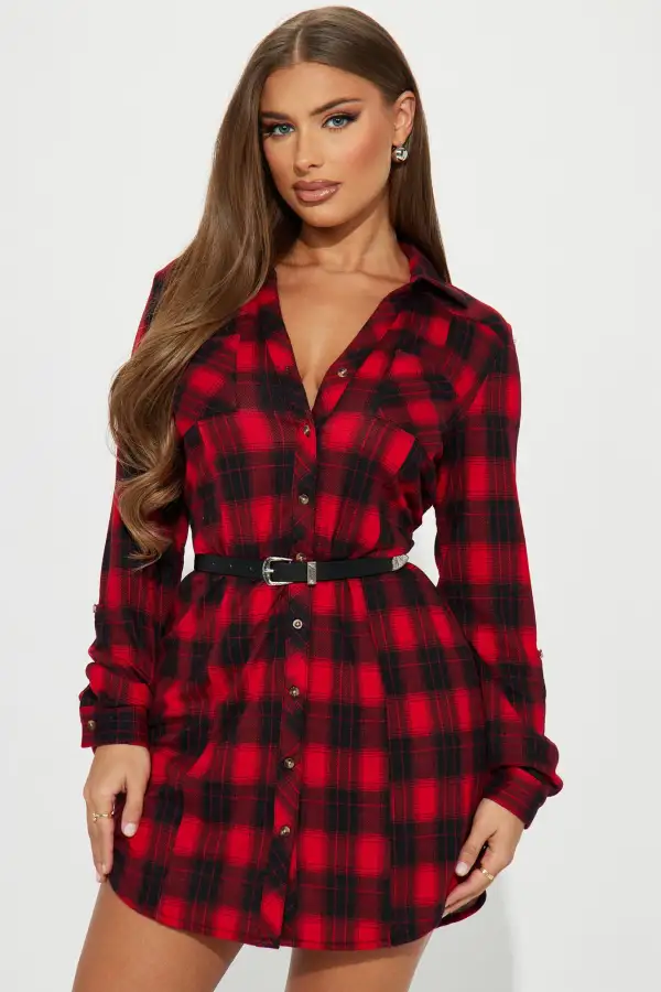 Rebecca Belted Flannel Mini Dress - Red/combo