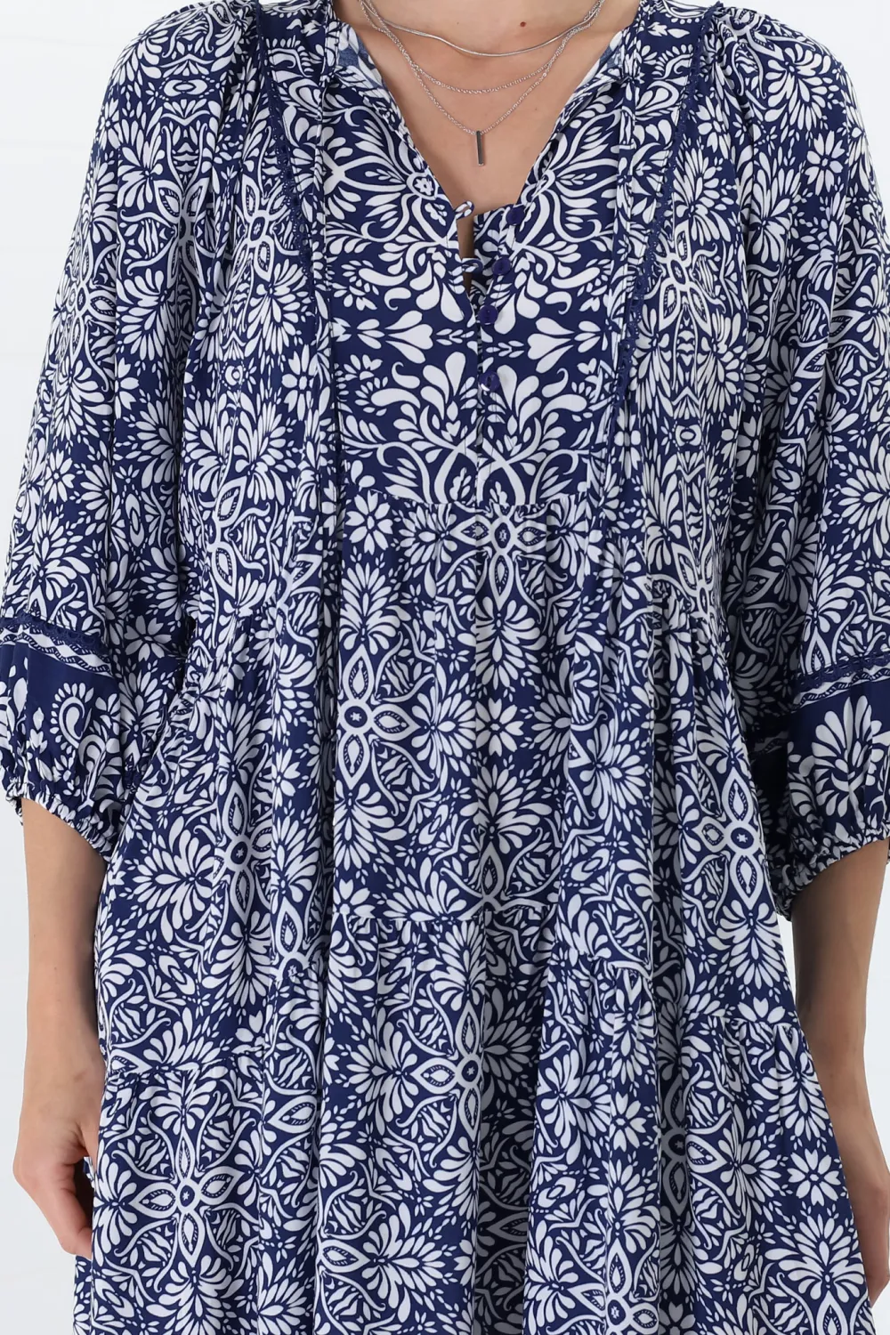 Blue Patterned Half Sleeve Midi Dress