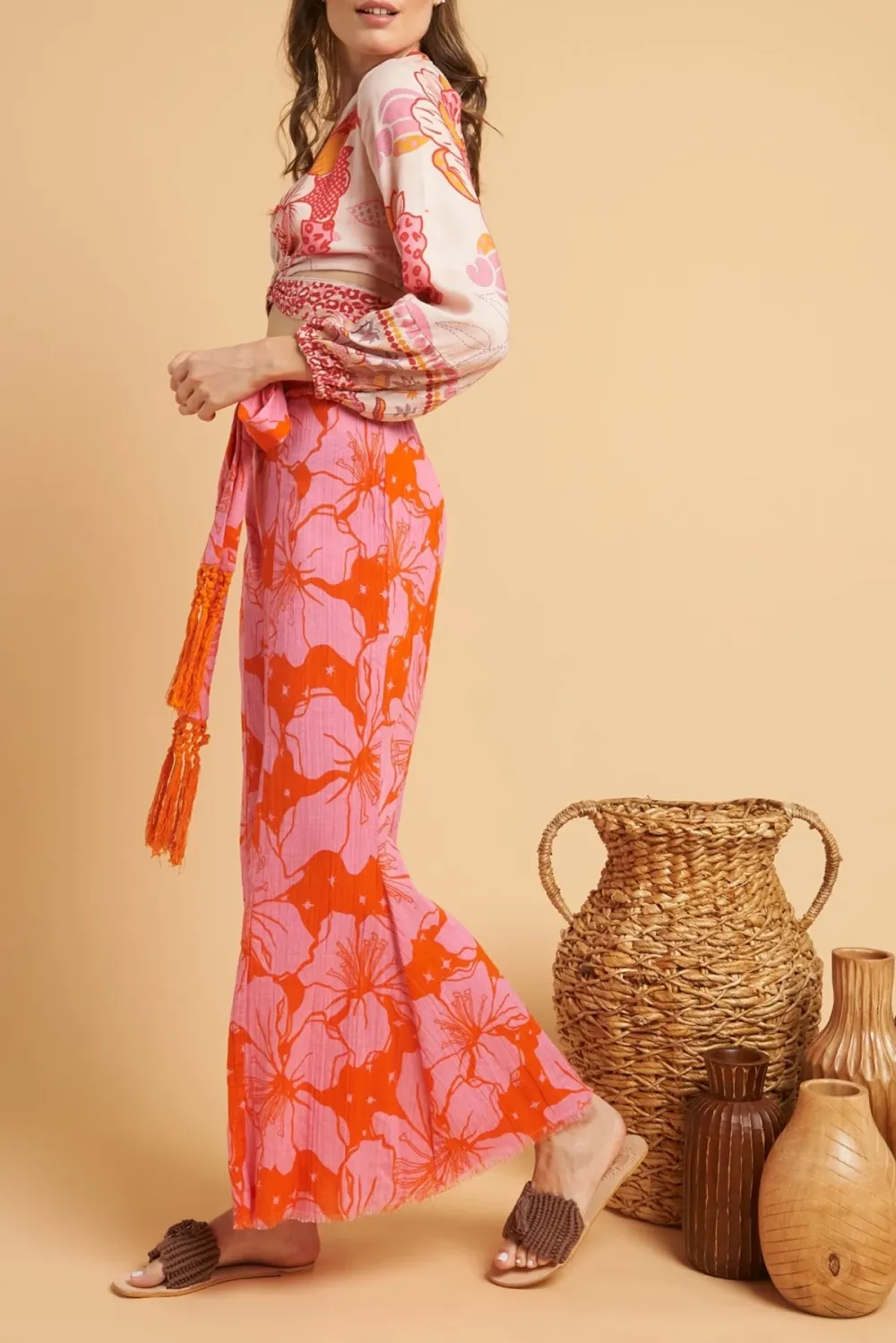 Pink And Orange Floral Print Wide Leg Pants