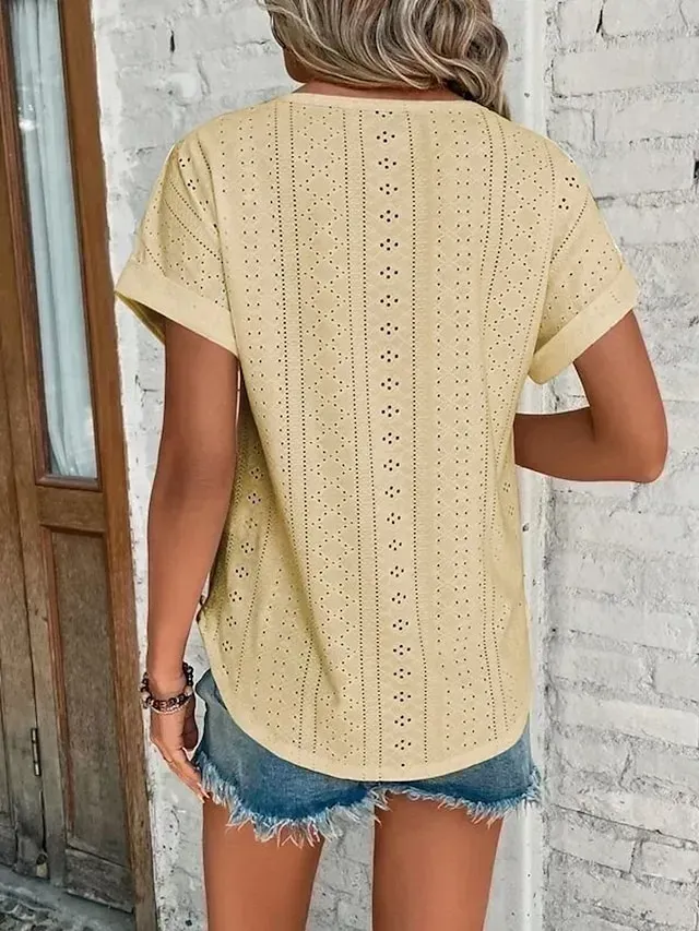 Women's T shirt Tee White Eyelet Tops Light Blue Black White Plain Cut Out Short Sleeve Daily Weekend Basic Round Neck Regular Cotton S
