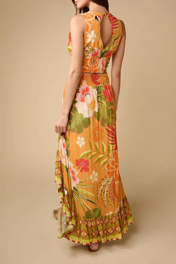 Orange And Green Geometric Print Wrap Crop Top
