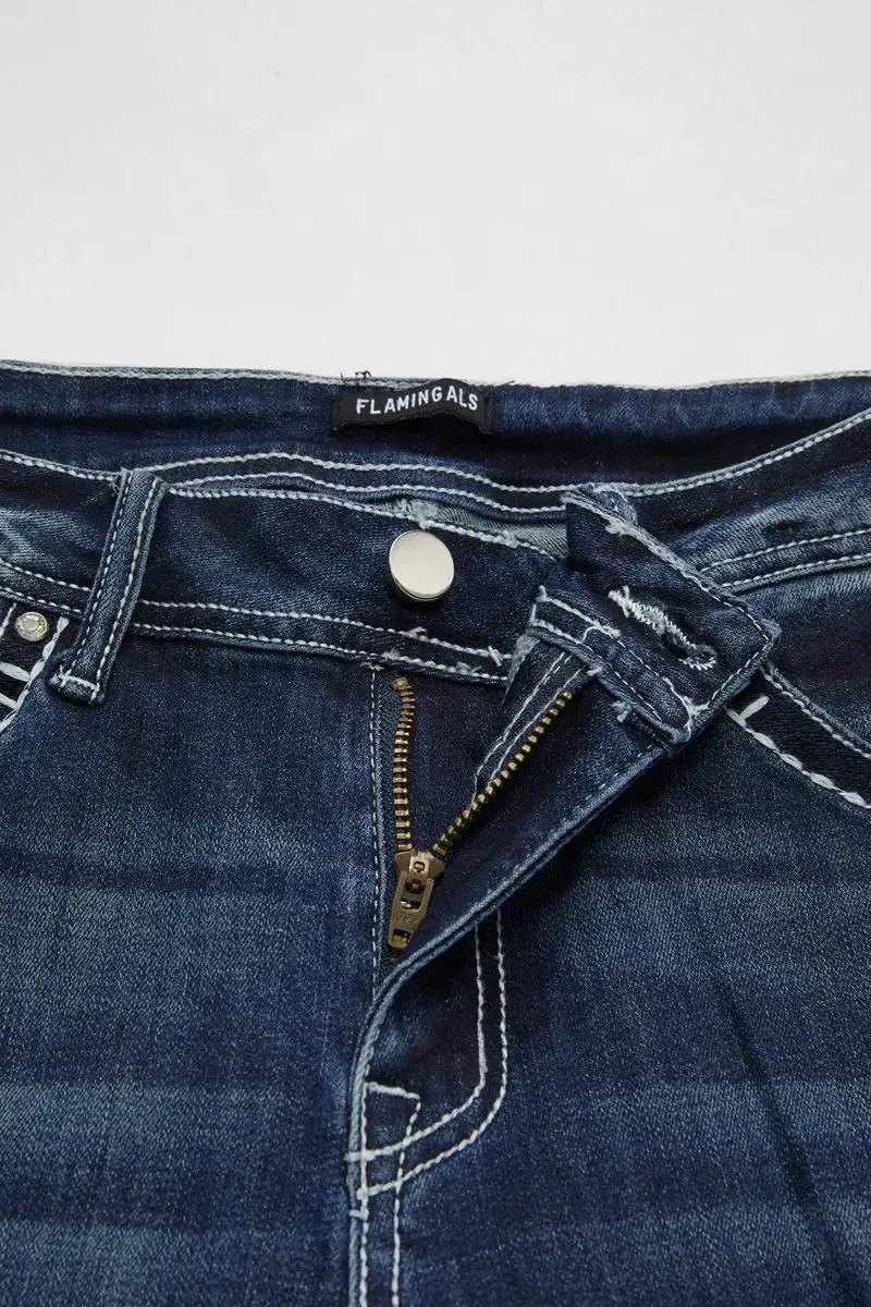 Cross Embroidered Wash High Stretch Mid Rise Capri Jeans