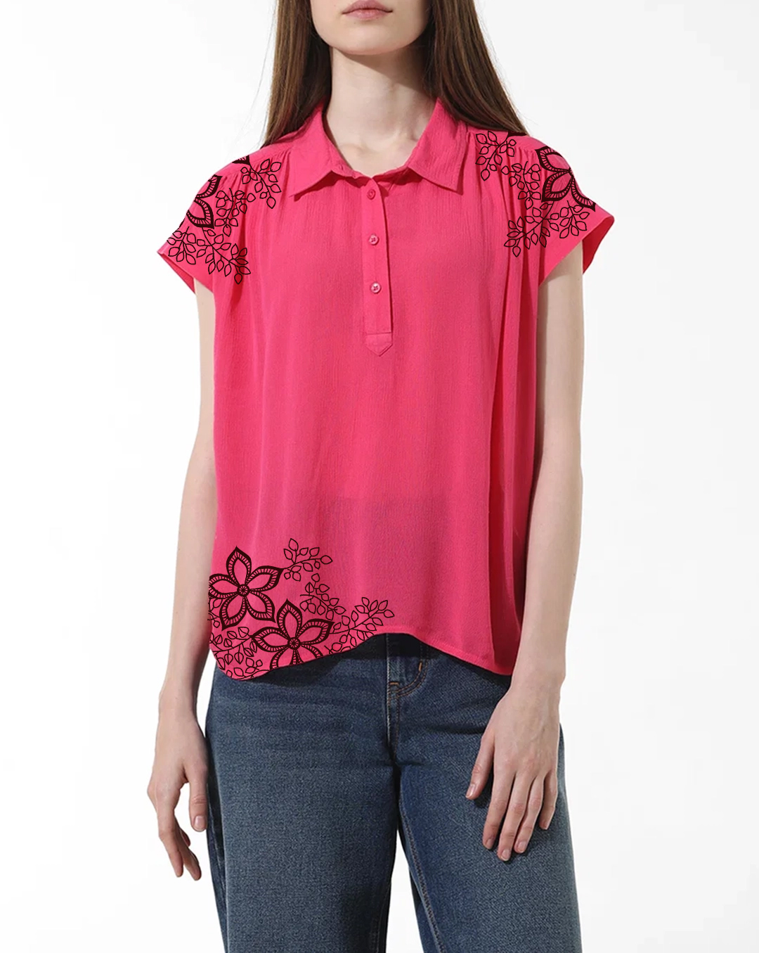 Pink Floral Embroidered Polo Style Blouse