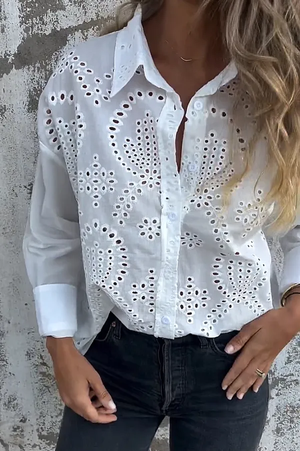 Women's solid color cotton and linen hollow out shirt