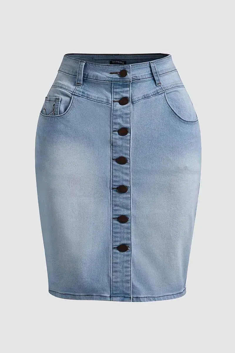 Wash Button Down Stitch Detail Denim Skirt