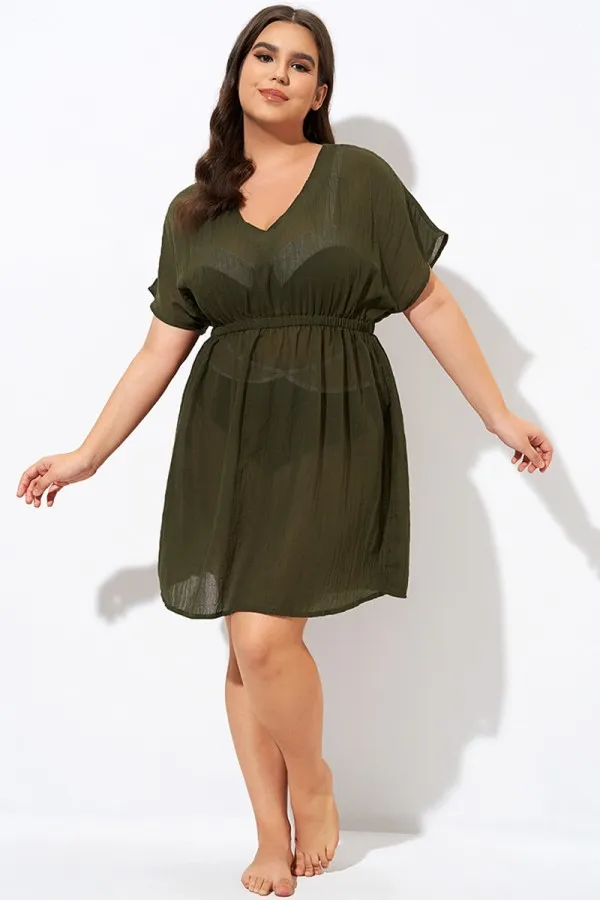 Dark Green V Neck Elastic Waisted Cover Up