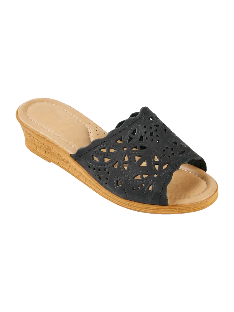 Women's Leather Cutwork Wedge Slide Sandals