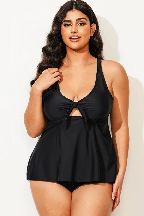 Black Sexy Tie Front Underwire Tankini Top