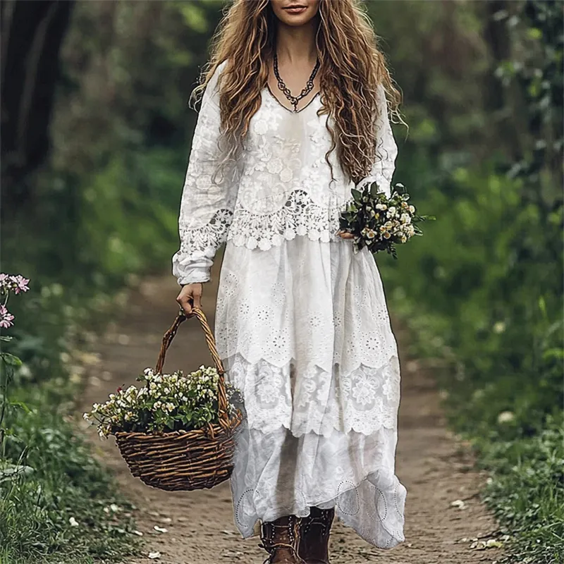 Cottage Floral Lace Layered Flowy Linen Blend Maxi Dress