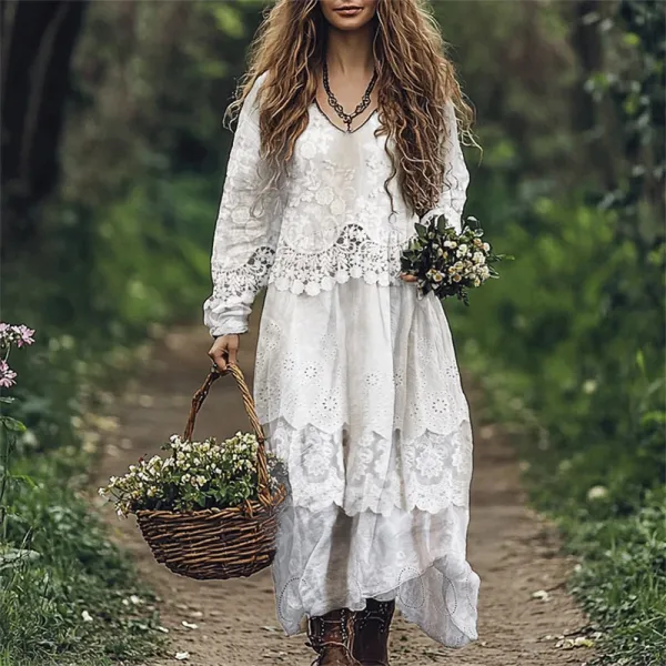 Cottage Floral Lace Layered Flowy Linen Blend Maxi Dress