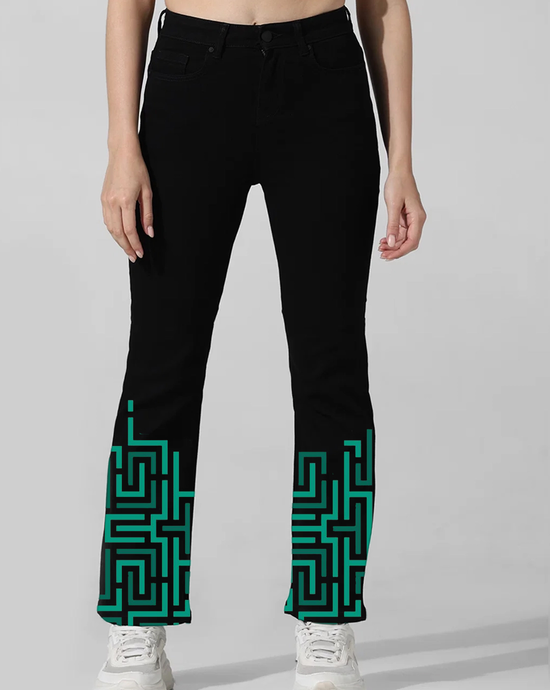 Black High Rise Flared Maze Print Jeans