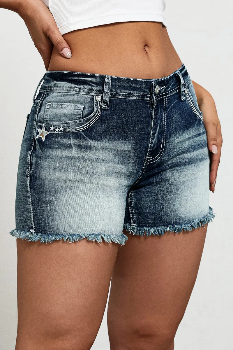 Star Embroidery Stitch Detail Mid Waist Denim Shorts