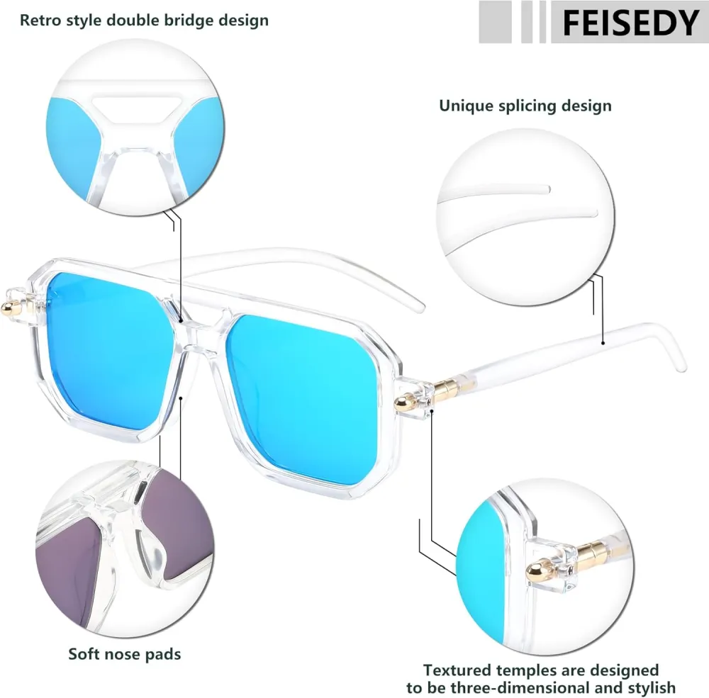 FEISEDY Vintage Square 70s Flat Aviator Sunglasses Women Men Classic Retro Stylish Frame UV400 Sunglasses B2622