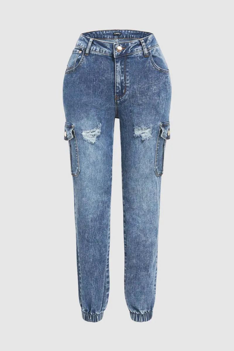 Wash Ripped Flap Pocket High Rise Cargo Jeans