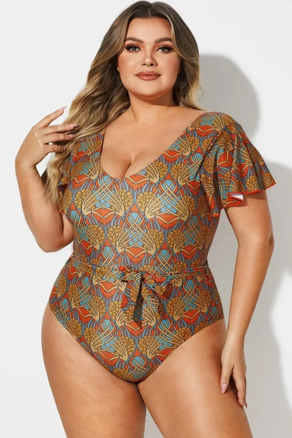V-Neck Flutter Sleeve Belt One Piece Swimsuit