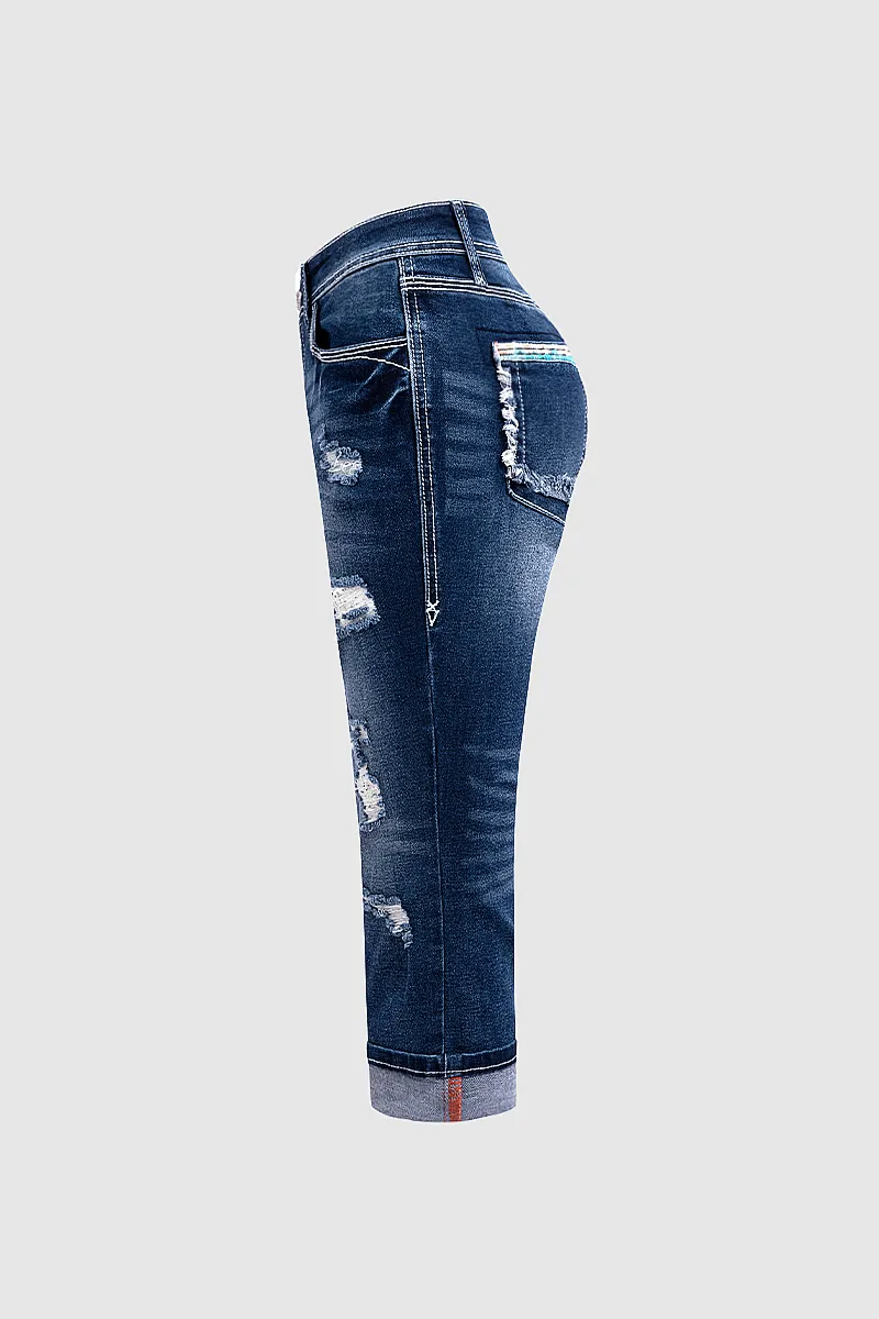 Ripped Roll Hem Wash Stretchy Low Waist Capri Jeans