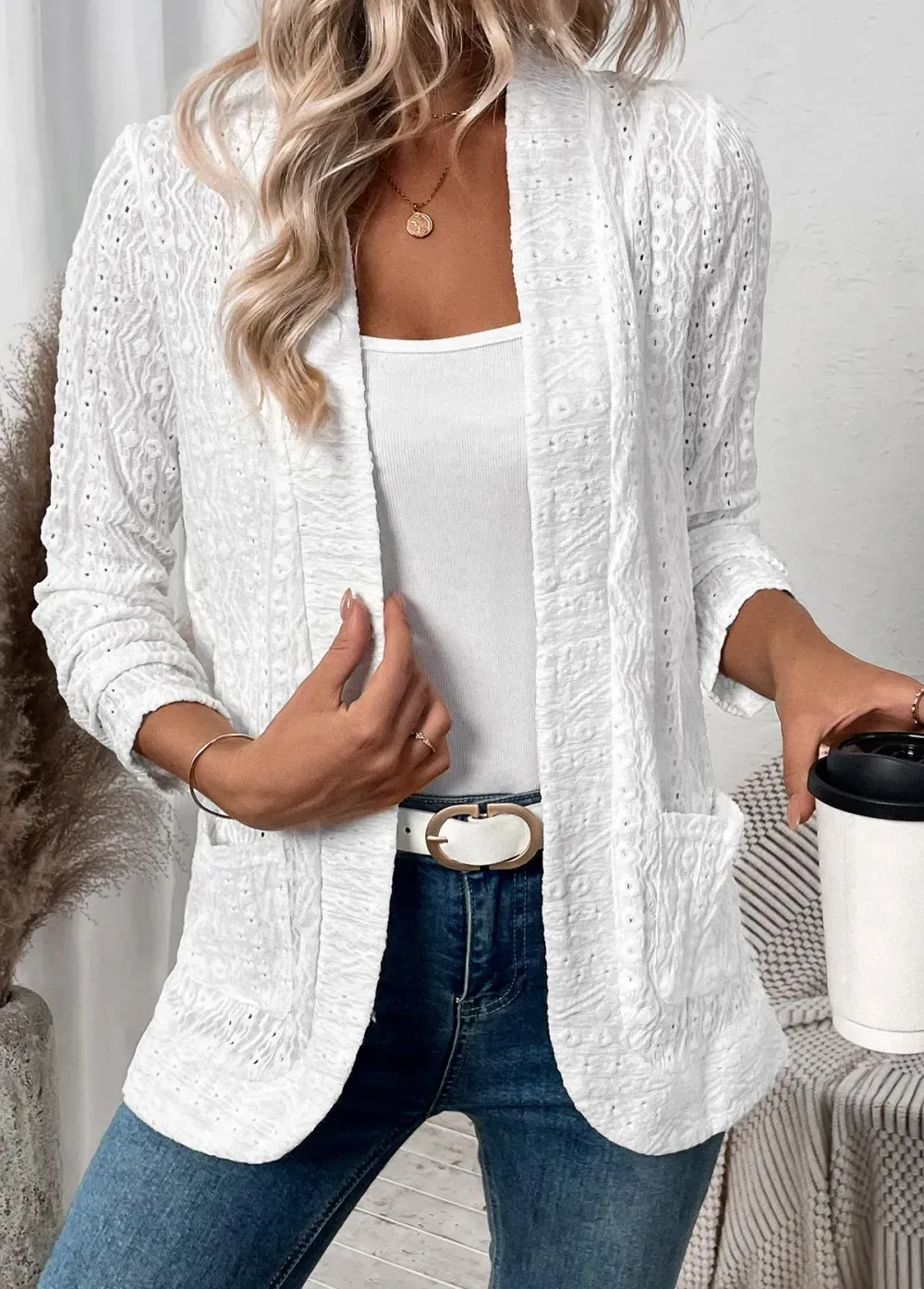 White Pocket Lace Long Sleeve Coat