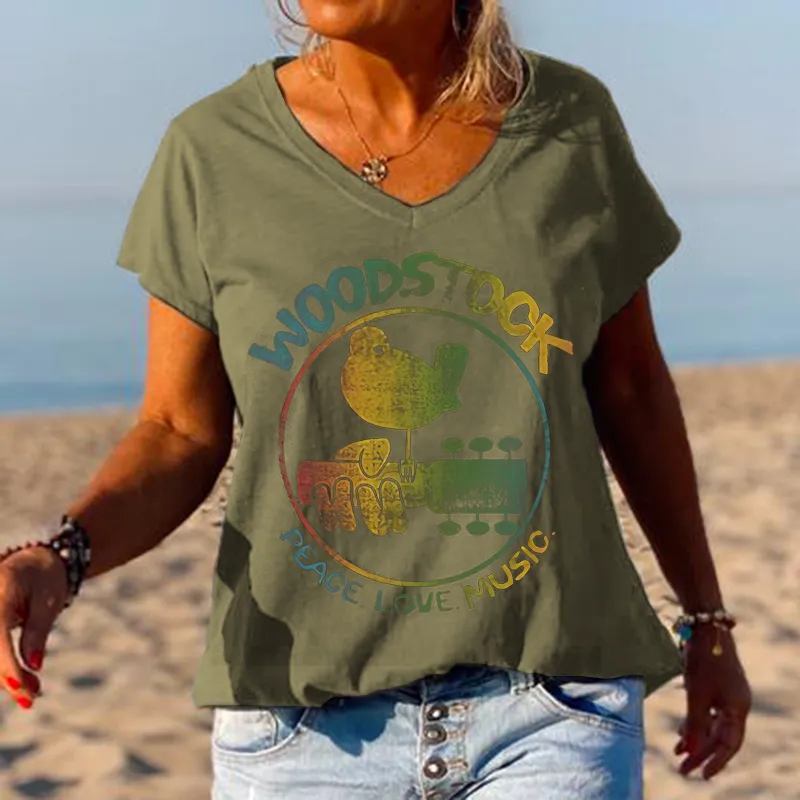Woodstock Peace Love Music Bird And Guitar Design Women Tees