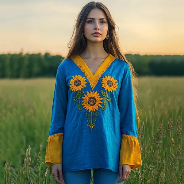 Ukraine Sunflower Embroidery Contrasting Colors Blend Linen V Neck Loose Blouse