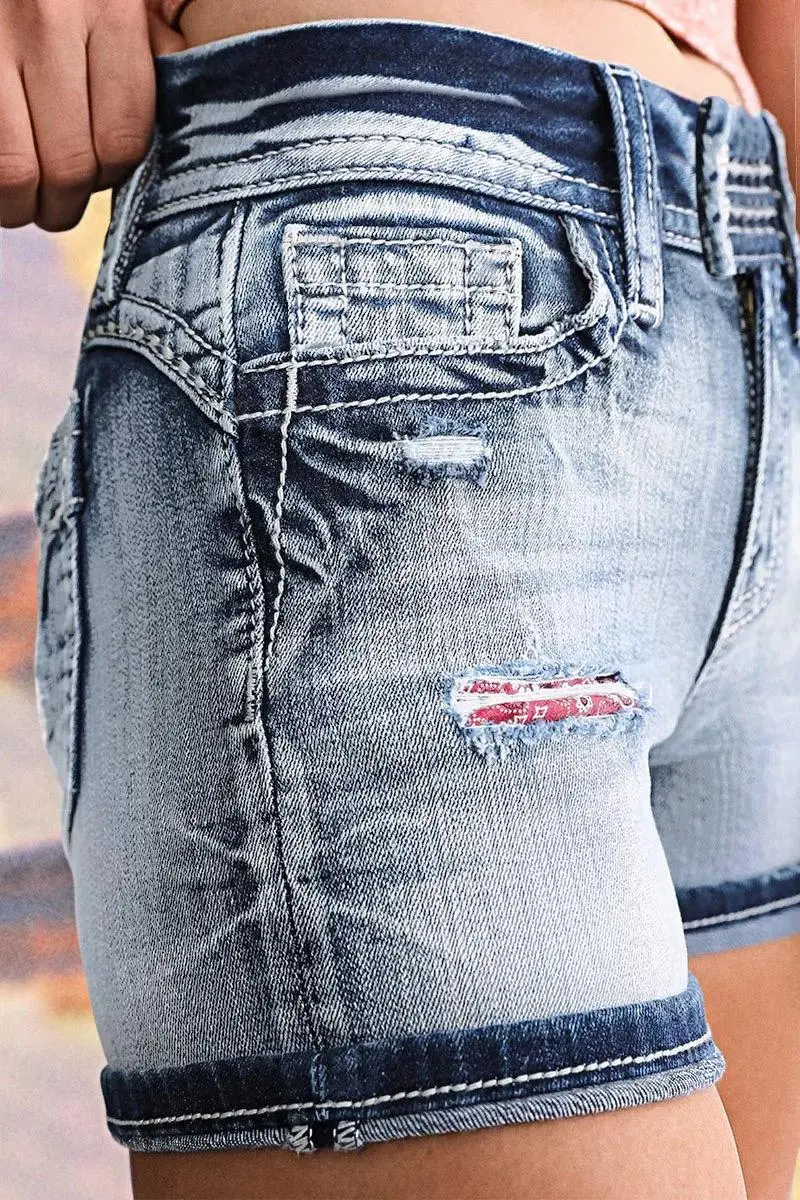 Wash Paisley Patched Ripped Mid Rise Denim Shorts