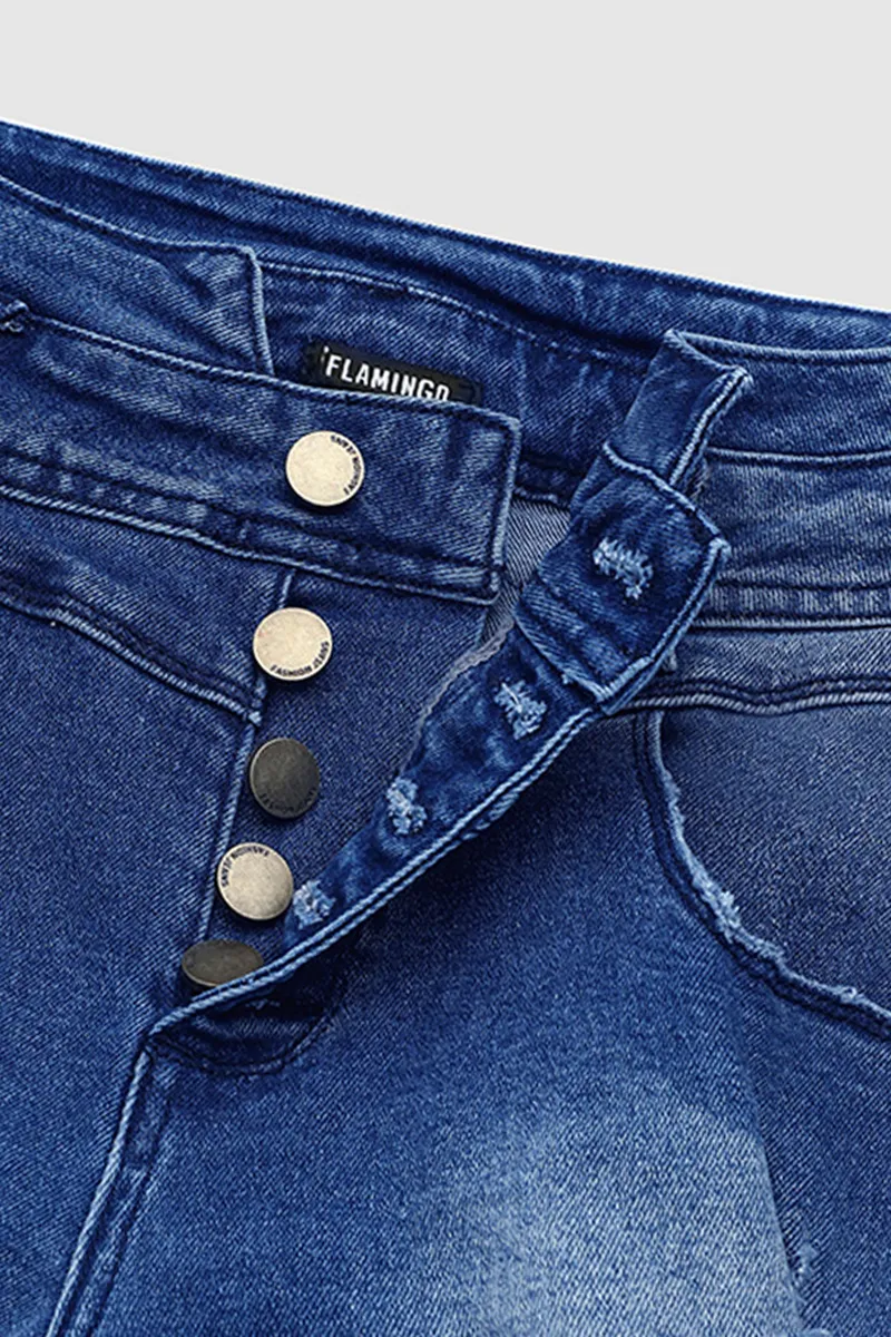 Ripped Button Fly Notched Waist Raw Hem Denim Bermuda Shorts