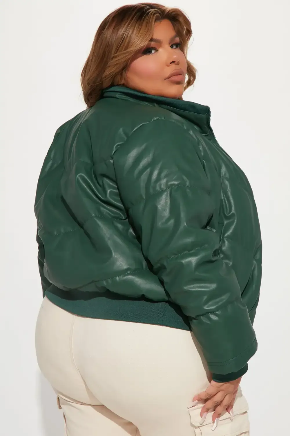 No Excuses Faux Leather Puffer Jacket - Hunter