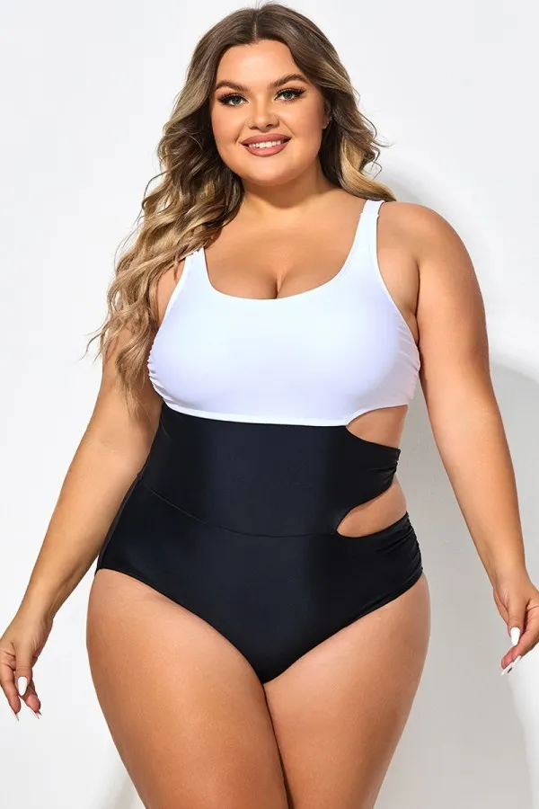 Plus Size Black＆White Colorblock Cutout One Piece Swimsuit