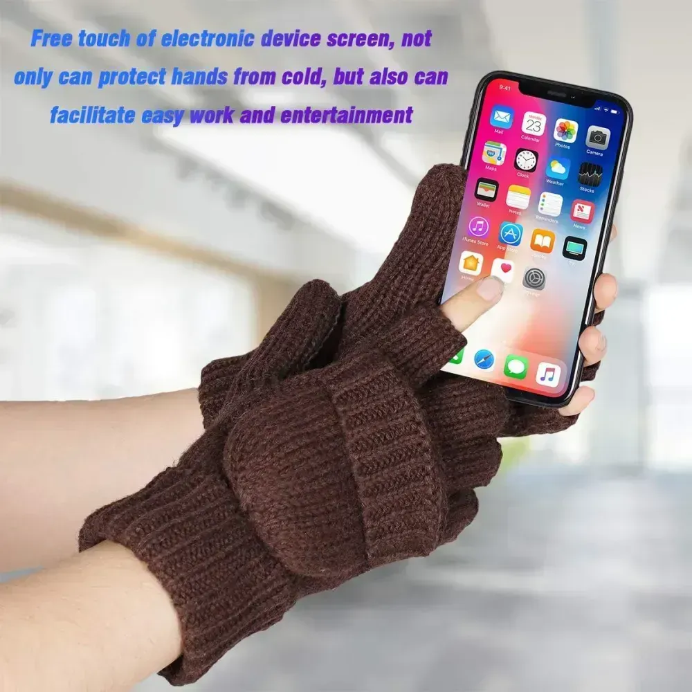 Bodvera Thermal Insulation Fingerless Texting Wool Gloves for Women and Men Winter Warm Knitted Convertible Mittens Flap