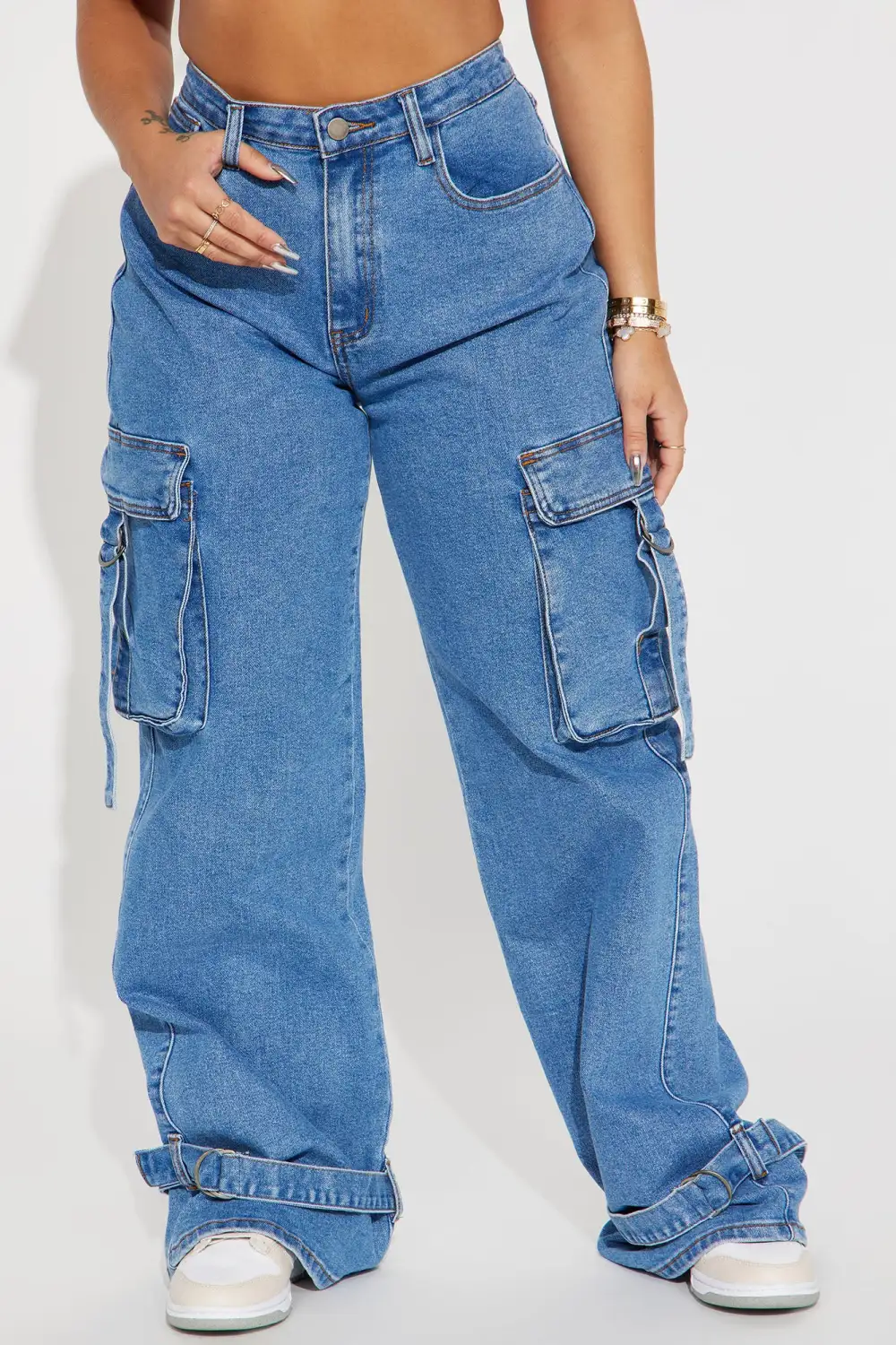 Love Hurts Ankle Strap Cargo Jeans - Medium Blue Wash