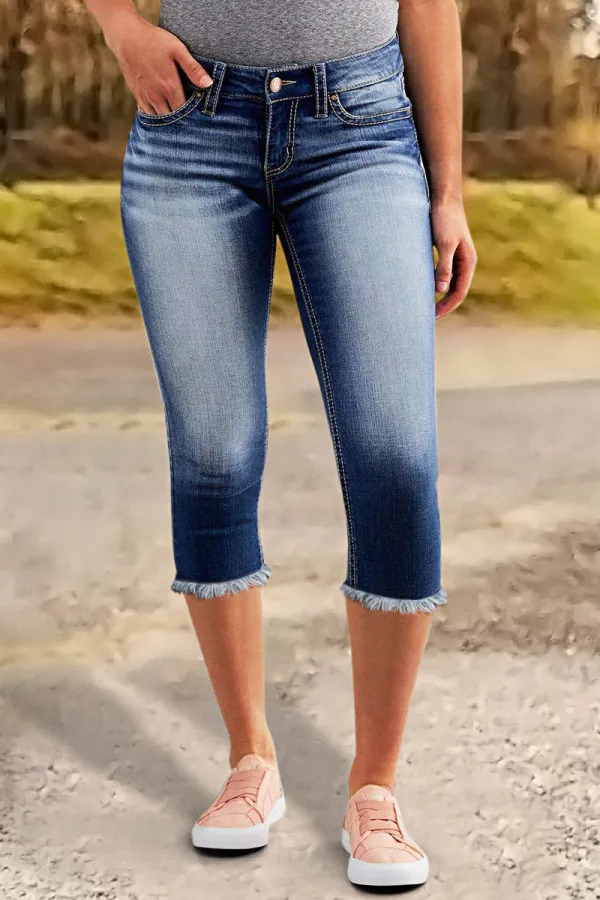 Raw Hem Wash High Stretch Mid Waist Capri Jeans